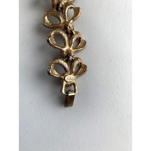 Vintage Hobe Gold Tone Faux Pearl Rhinestone Bows  7" Bracelet Clip Earring Set - Picture 9 of 12